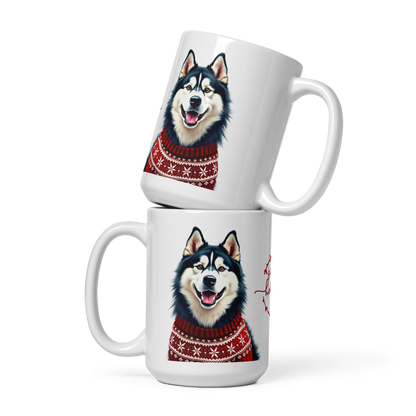 Alaskan Malamute Wearing Ugly Christmas Sweater Glossy White Mug