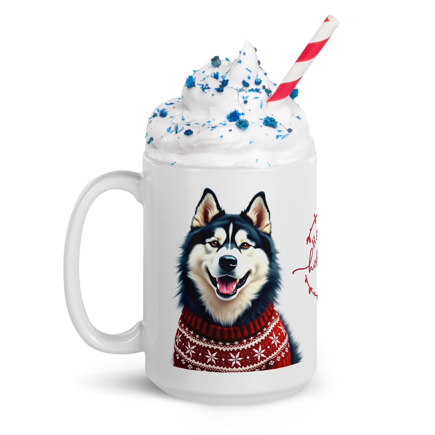 Alaskan Malamute Wearing Ugly Christmas Sweater Glossy White Mug