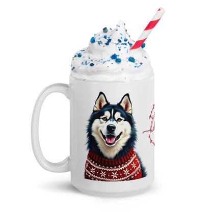 Alaskan Malamute Wearing Ugly Christmas Sweater Glossy White Mug