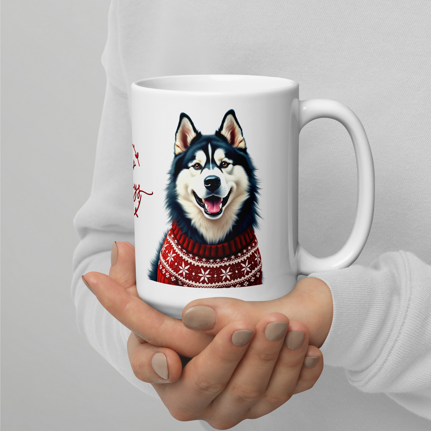 Alaskan Malamute Wearing Ugly Christmas Sweater Glossy White Mug