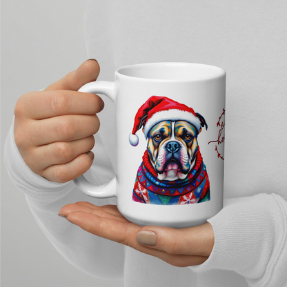 American Bully Wearing Ugly Christmas Sweater and Santa Hat Glossy White Mug