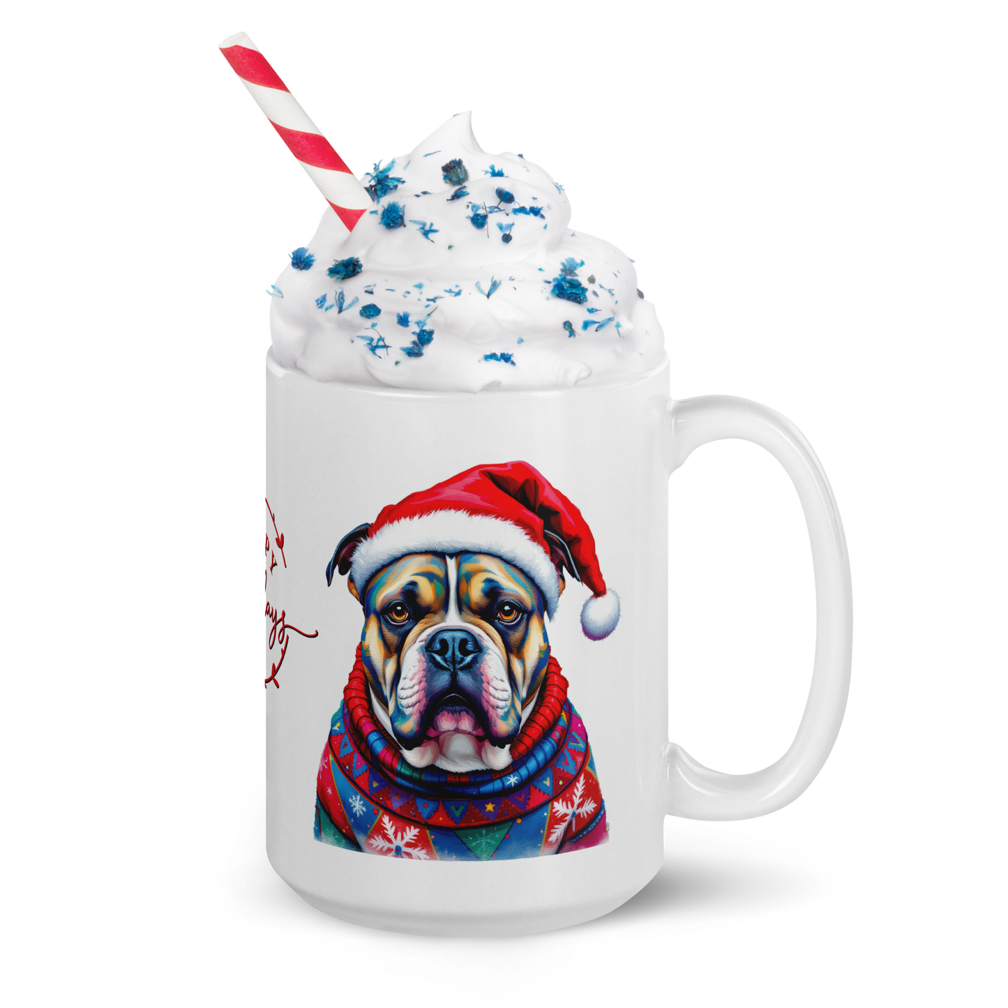 American Bully Wearing Ugly Christmas Sweater and Santa Hat Glossy White Mug