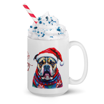 American Bully Wearing Ugly Christmas Sweater and Santa Hat Glossy White Mug