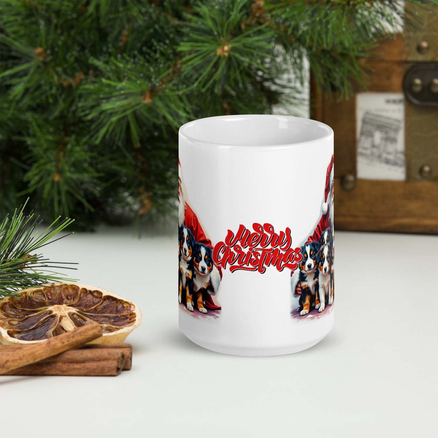 Australian Shepherd Puppies with Santa Claus Glossy White Mug