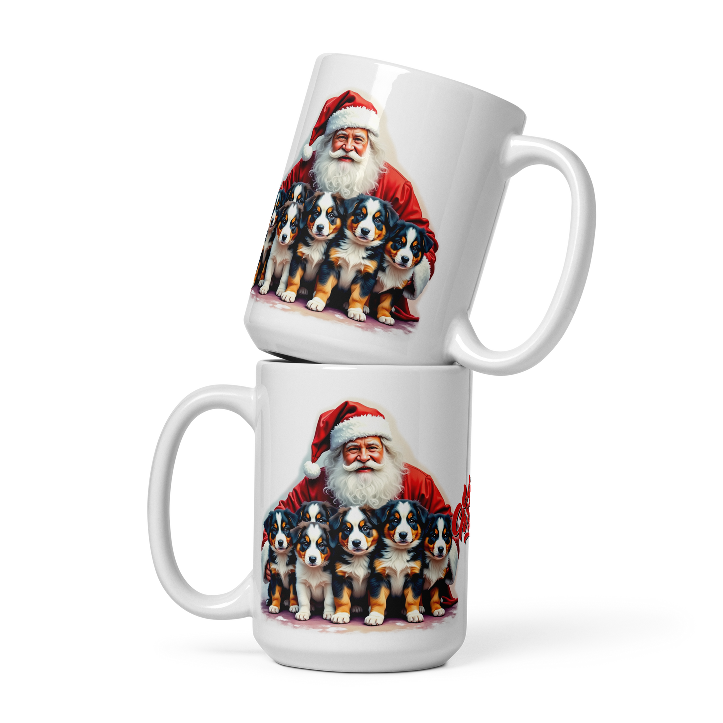 Australian Shepherd Puppies with Santa Claus Glossy White Mug