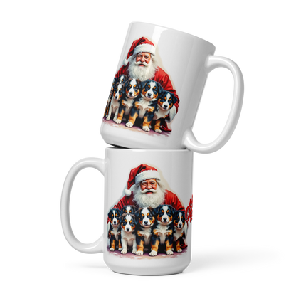 Australian Shepherd Puppies with Santa Claus Glossy White Mug