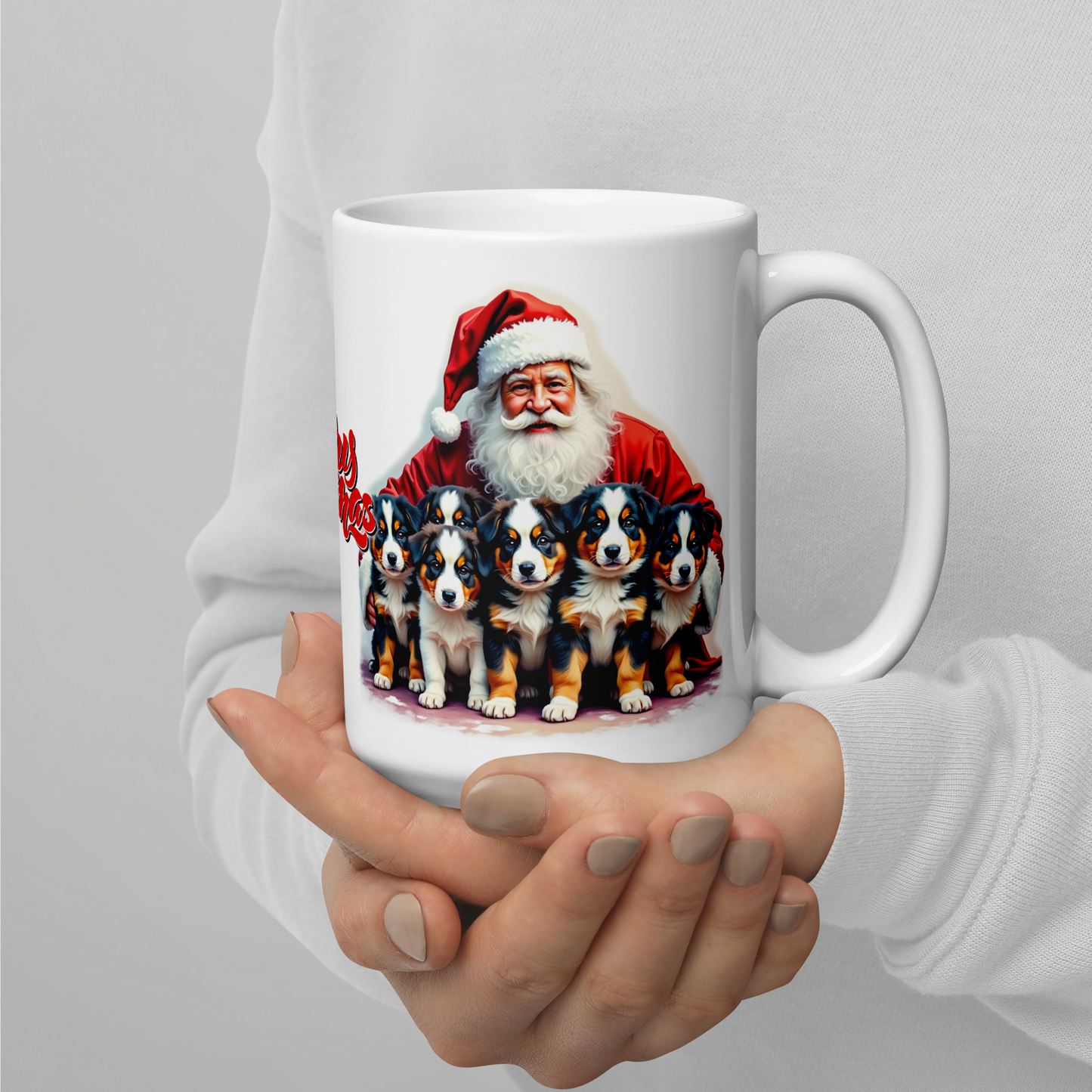 Australian Shepherd Puppies with Santa Claus Glossy White Mug