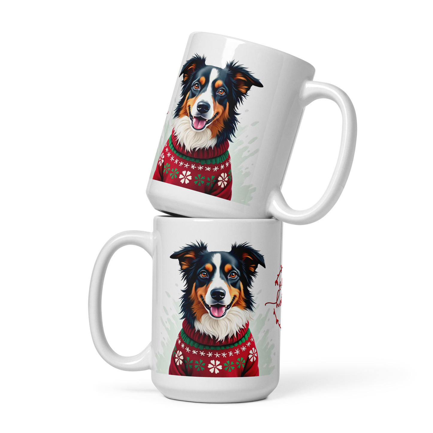 Australian Shepherd Wearing Ugly Christmas Sweater Glossy White Mug