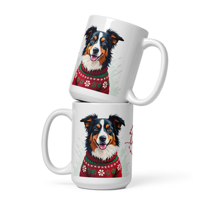 Australian Shepherd Wearing Ugly Christmas Sweater Glossy White Mug