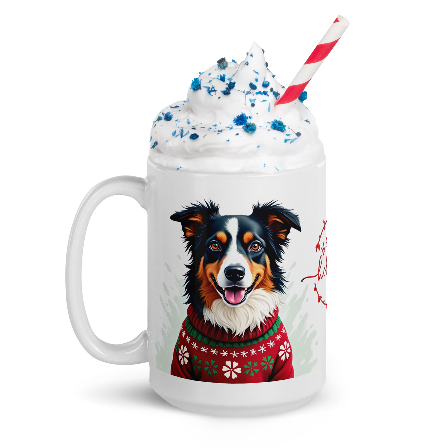 Australian Shepherd Wearing Ugly Christmas Sweater Glossy White Mug