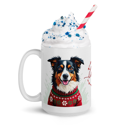 Australian Shepherd Wearing Ugly Christmas Sweater Glossy White Mug