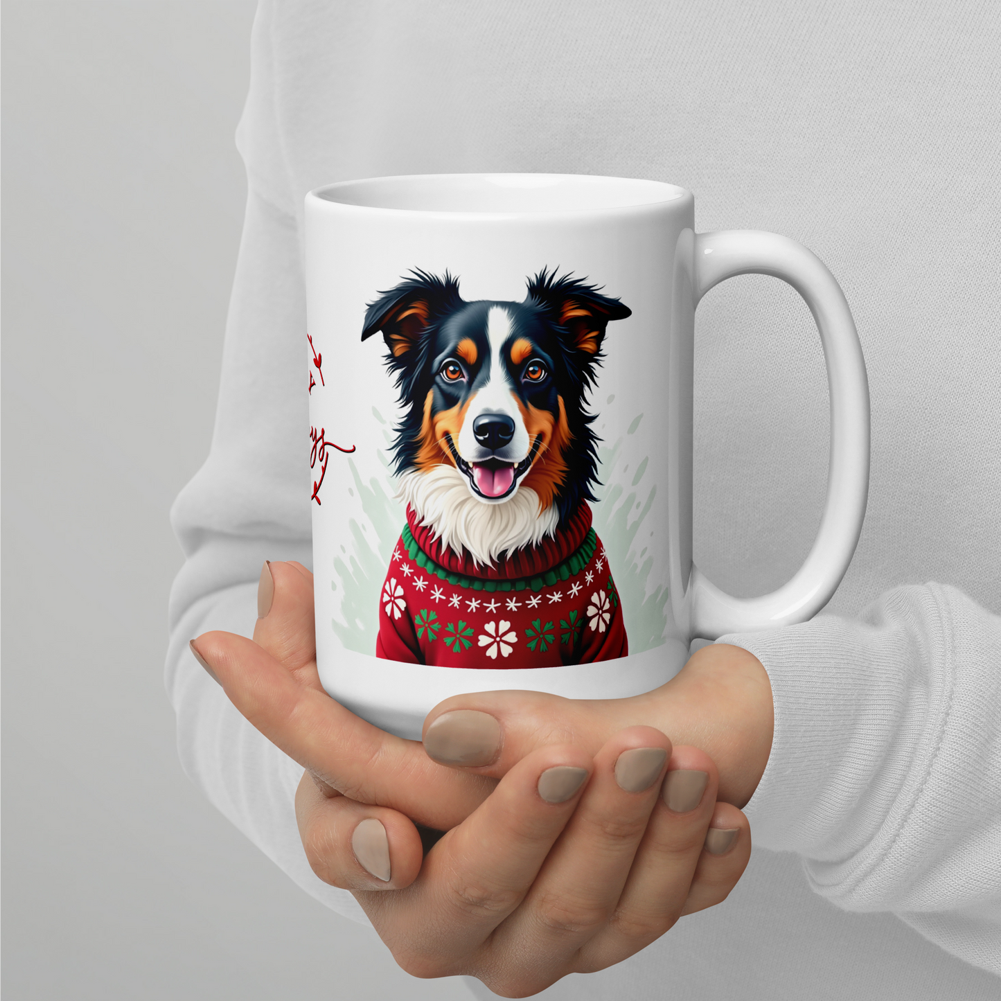 Australian Shepherd Wearing Ugly Christmas Sweater Glossy White Mug