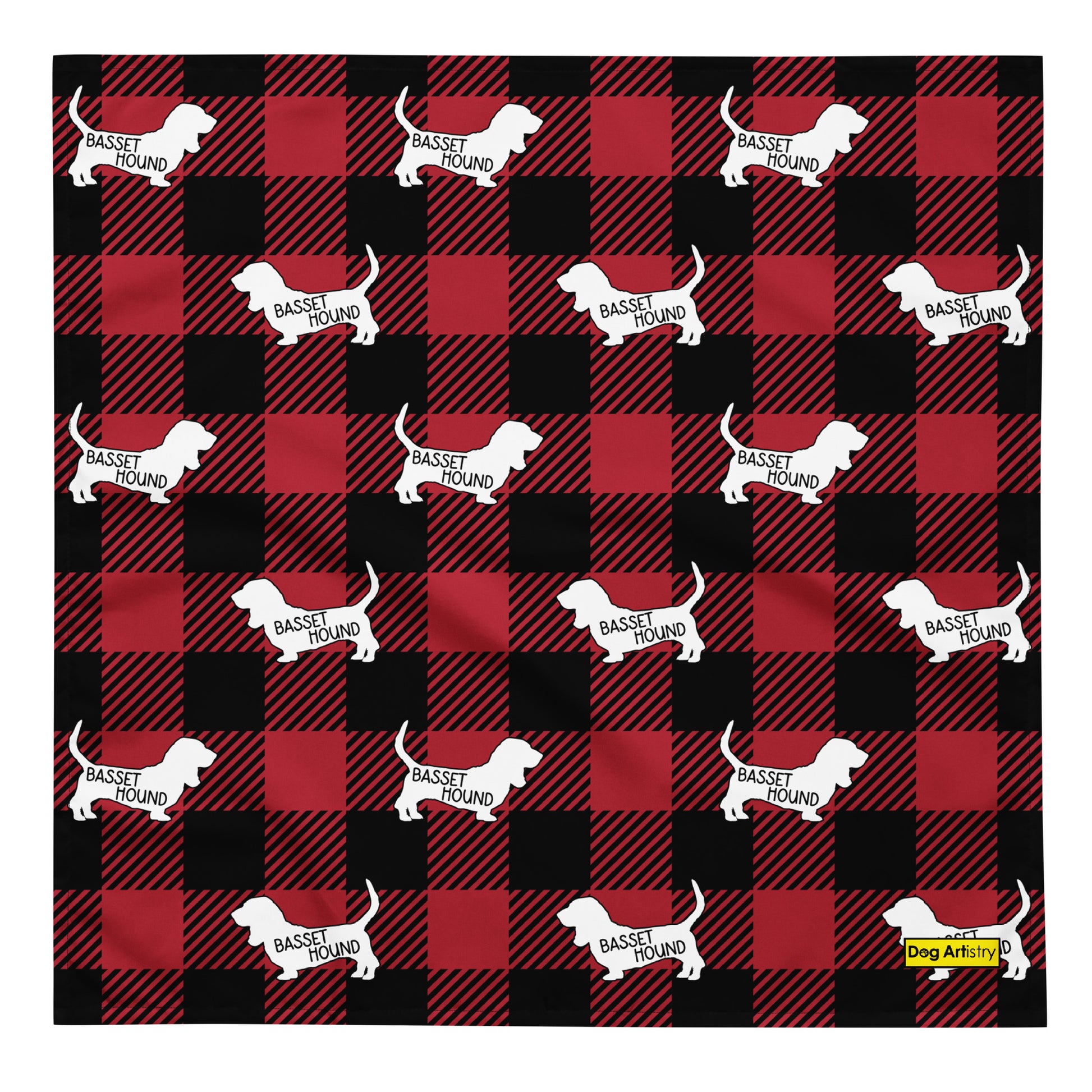 Basset Hound dark red plaid bandana by Dog Artistry.