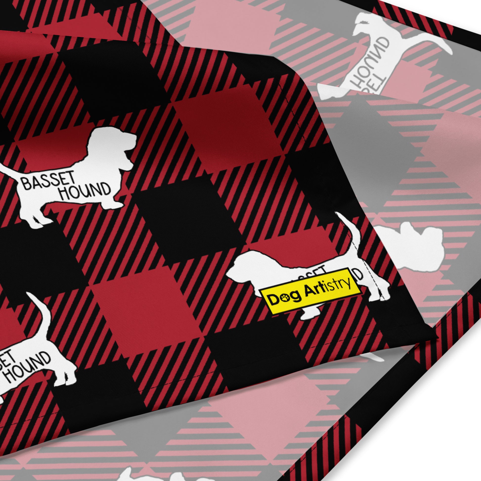 Basset Hound dark red plaid bandana by Dog Artistry. Close up.