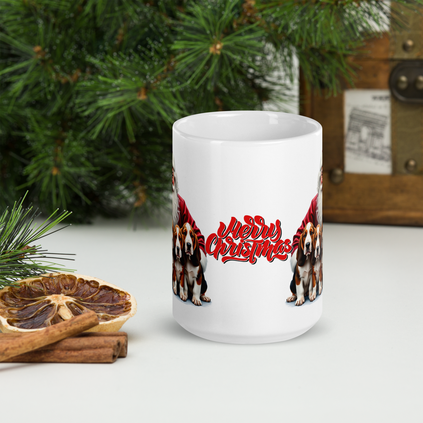 Basset Hound Puppies with Santa Claus Glossy White Mug