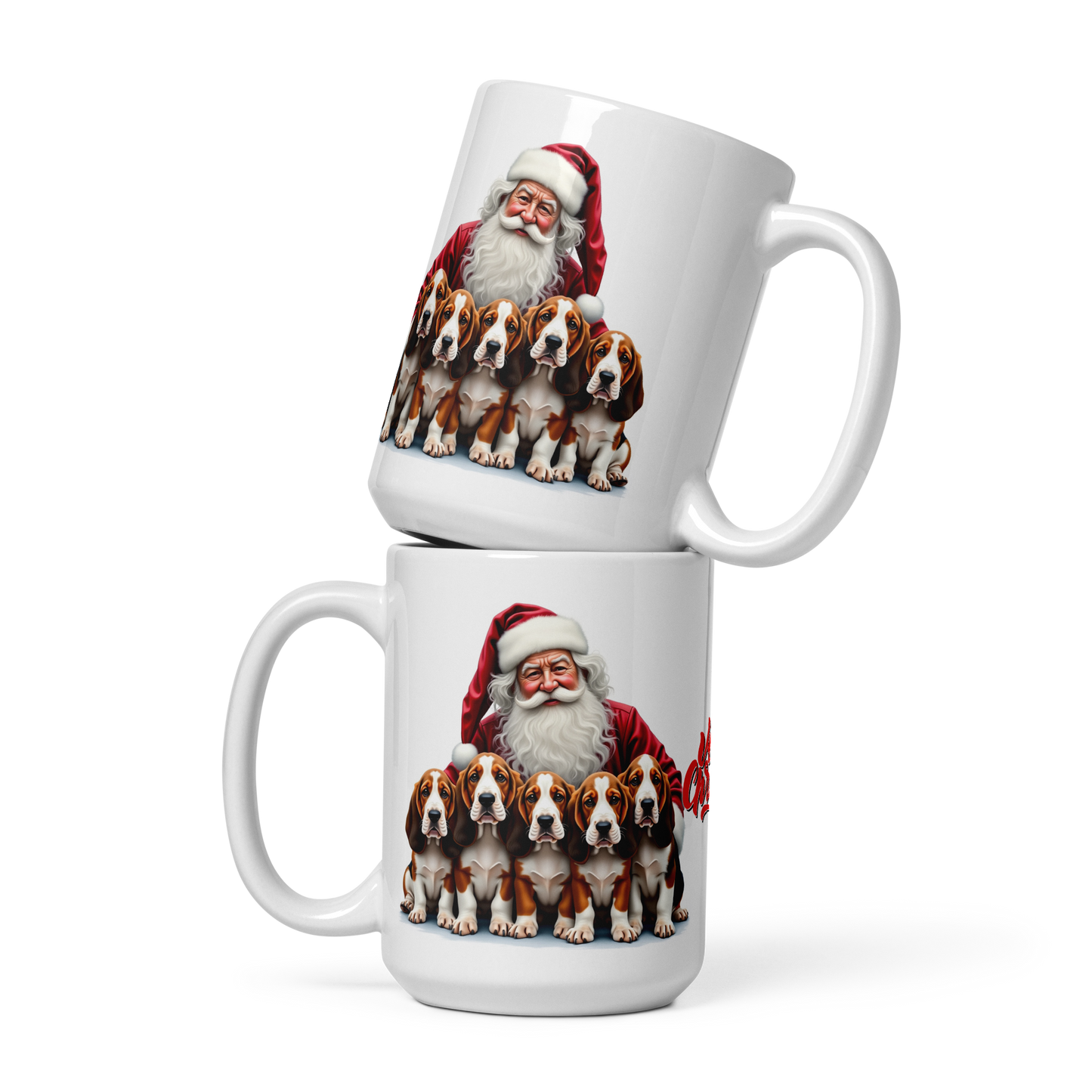 Basset Hound Puppies with Santa Claus Glossy White Mug