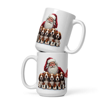 Basset Hound Puppies with Santa Claus Glossy White Mug