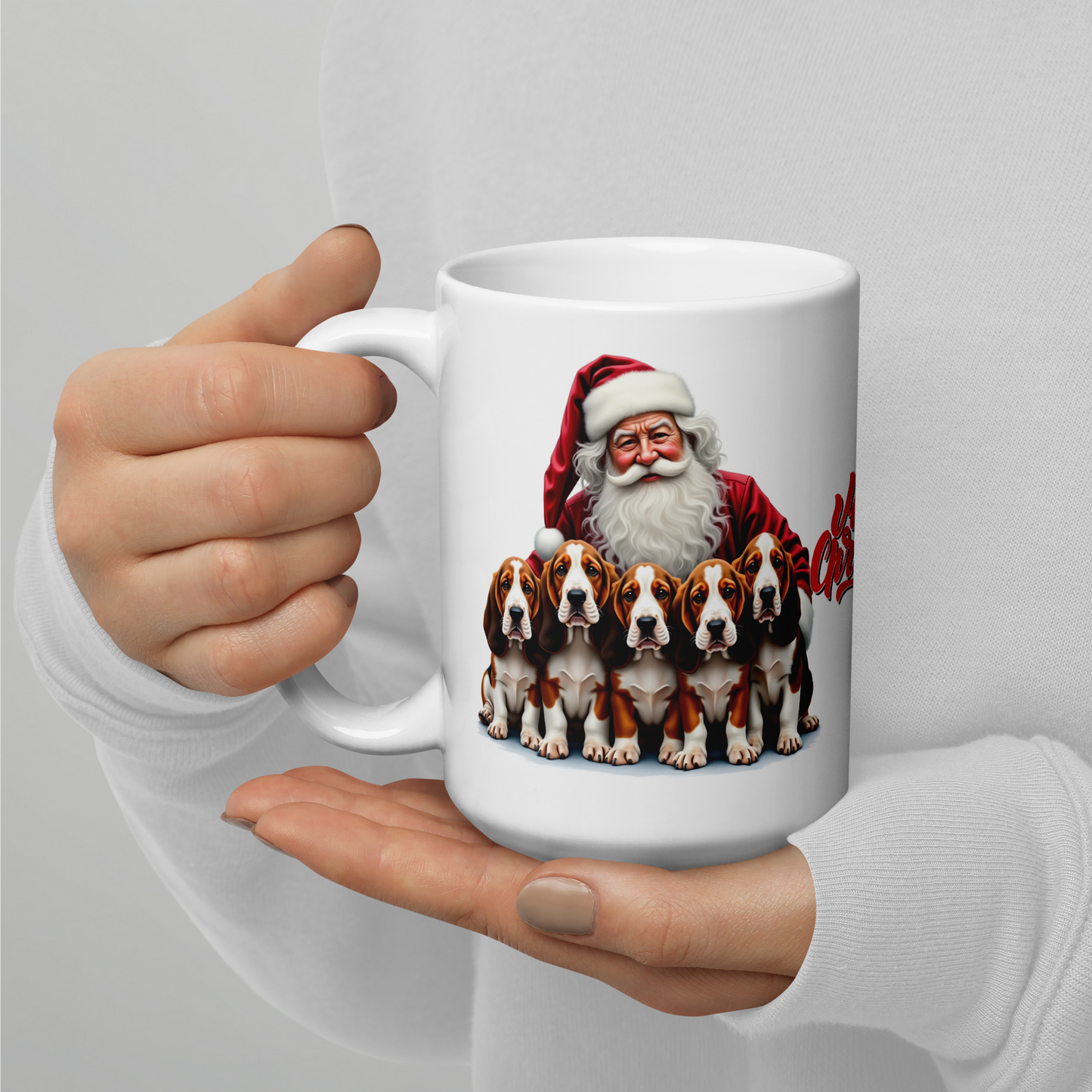 Basset Hound Puppies with Santa Claus Glossy White Mug