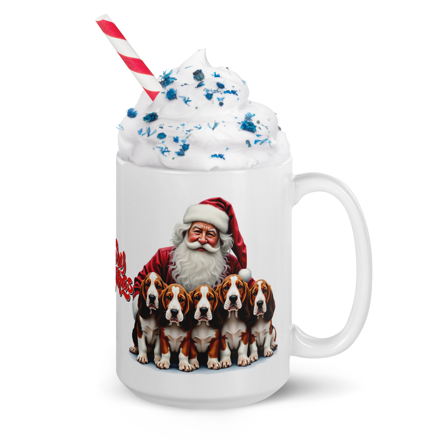 Basset Hound Puppies with Santa Claus Glossy White Mug