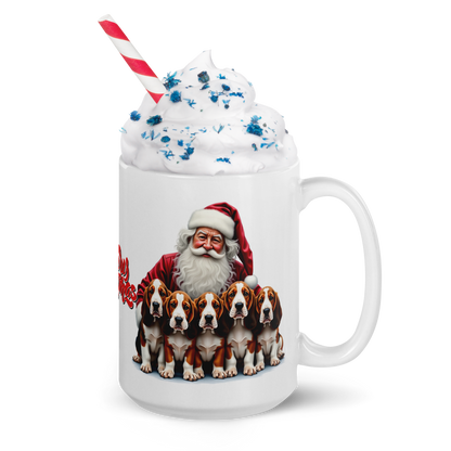 Basset Hound Puppies with Santa Claus Glossy White Mug