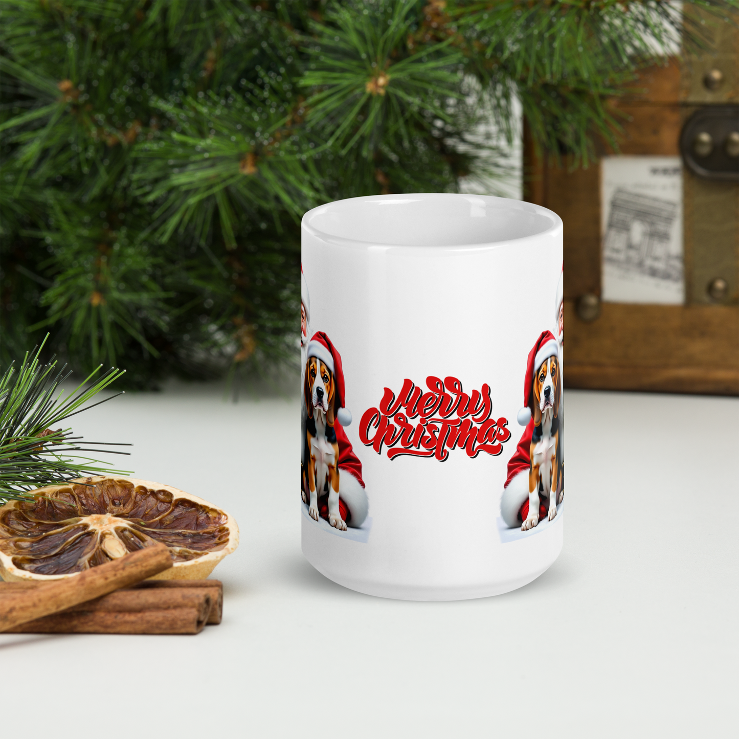 Beagle Puppies with Santa Claus Glossy White Mug