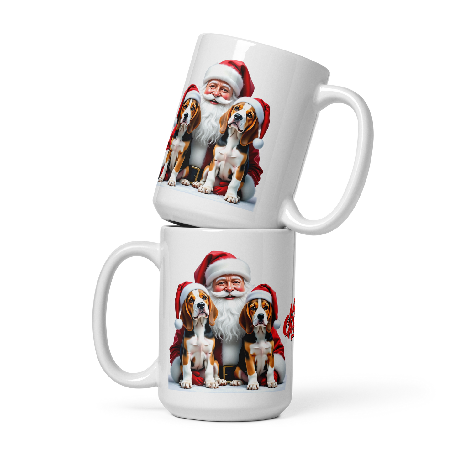 Beagle Puppies with Santa Claus Glossy White Mug