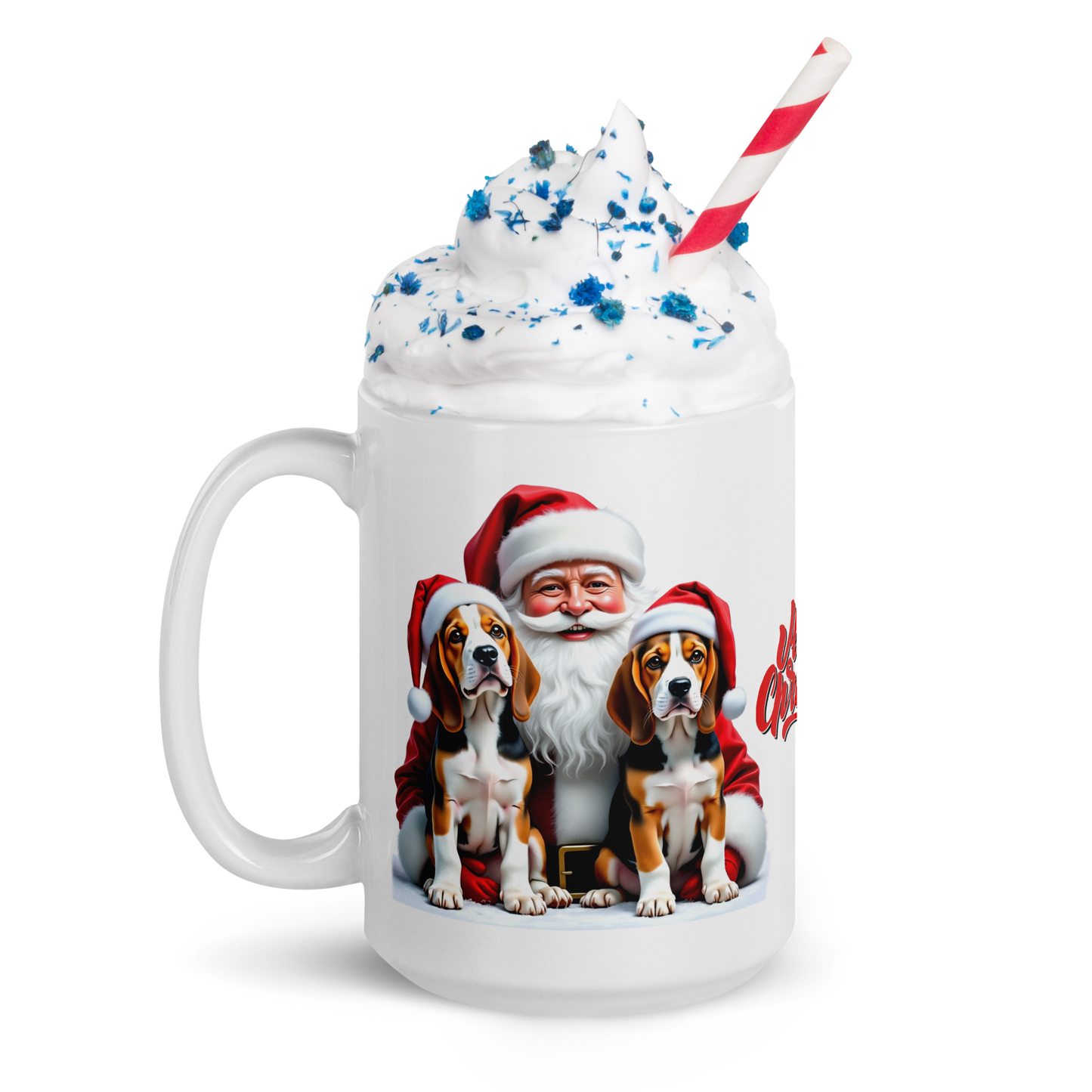 Beagle Puppies with Santa Claus Glossy White Mug