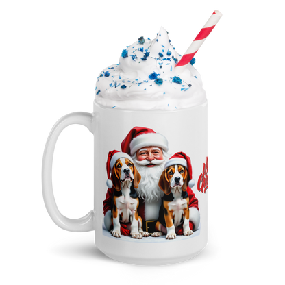 Beagle Puppies with Santa Claus Glossy White Mug