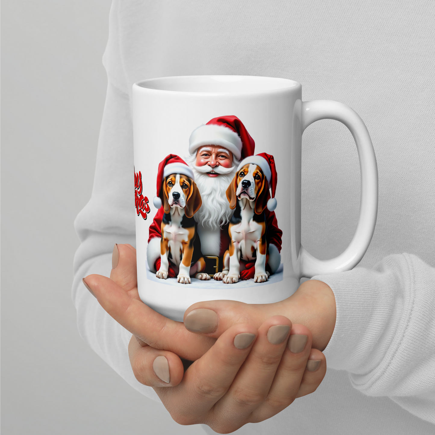 Beagle Puppies with Santa Claus Glossy White Mug