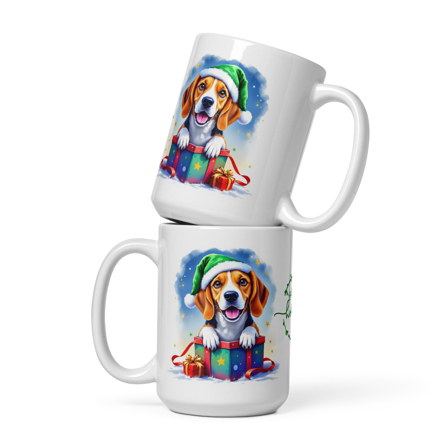 Beagle Puppy Wearing Santa Hat Glossy White Mug