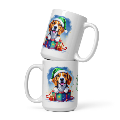 Beagle Puppy Wearing Santa Hat Glossy White Mug