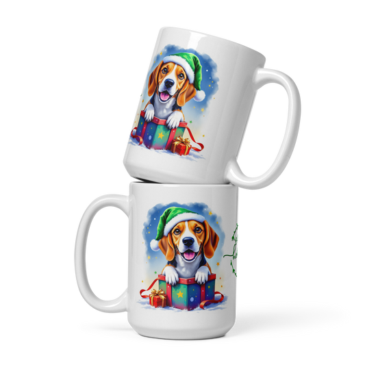 Beagle Puppy Wearing Santa Hat Glossy White Mug