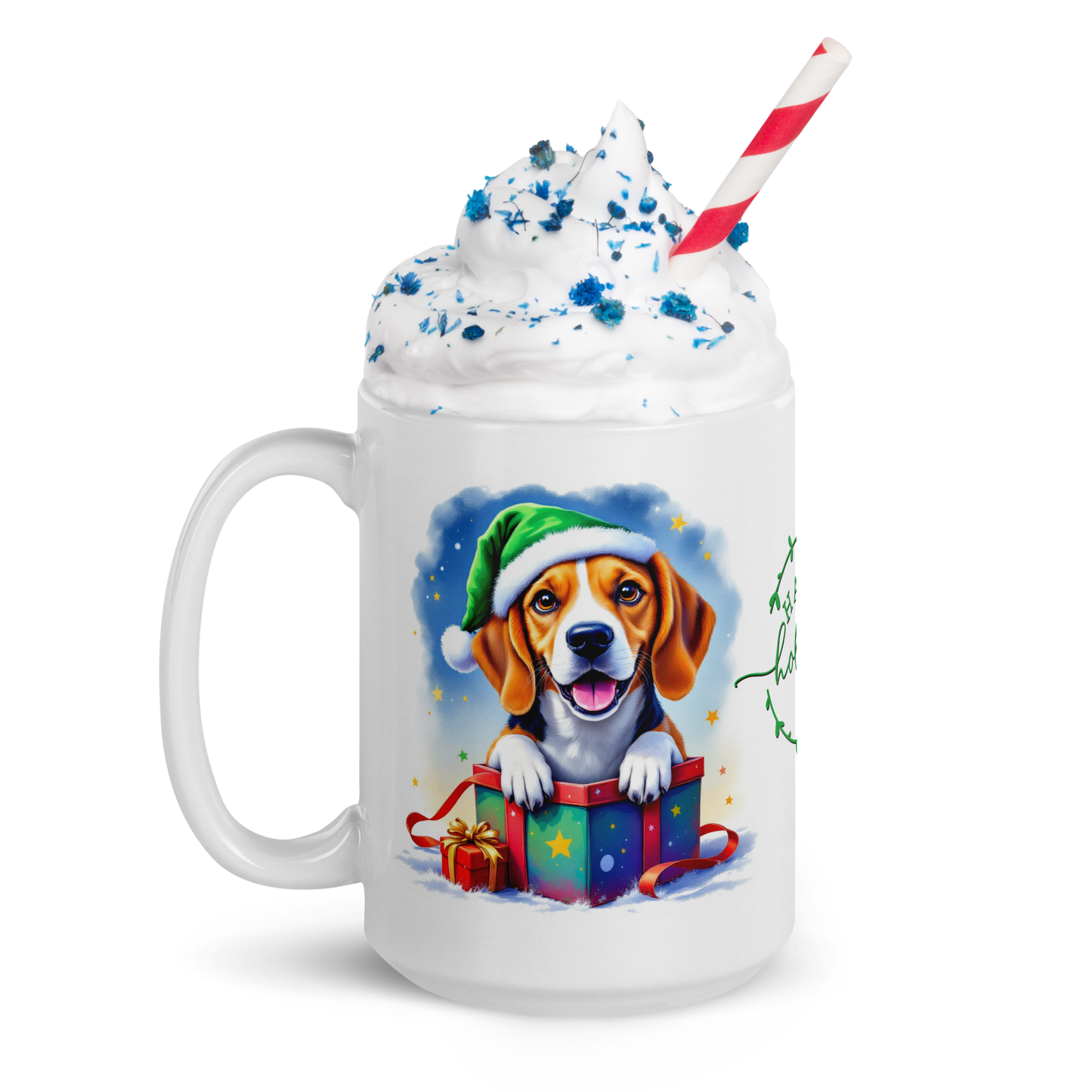 Beagle Puppy Wearing Santa Hat Glossy White Mug