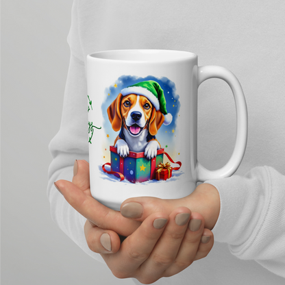 Beagle Puppy Wearing Santa Hat Glossy White Mug