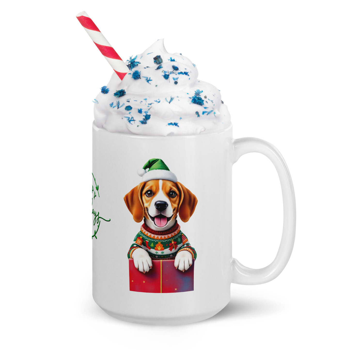 Beagle Puppy Wearing Ugly Christmas Sweater and Santa Hat White Glossy Mug