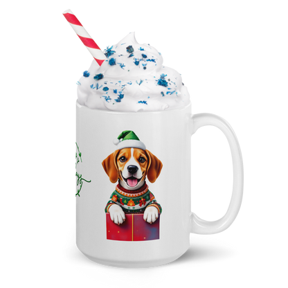 Beagle Puppy Wearing Ugly Christmas Sweater and Santa Hat White Glossy Mug