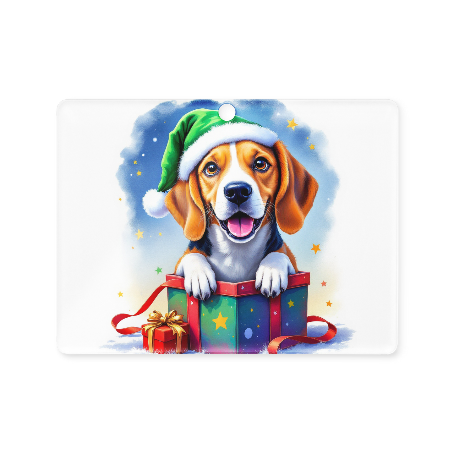 Beagle Puppy Wearing Ugly Christmas Sweater and Green Santa Hat Coming Out Of A Gift Box Acrylic Ornament