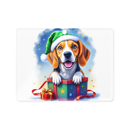 Beagle Puppy Wearing Ugly Christmas Sweater and Green Santa Hat Coming Out Of A Gift Box Acrylic Ornament