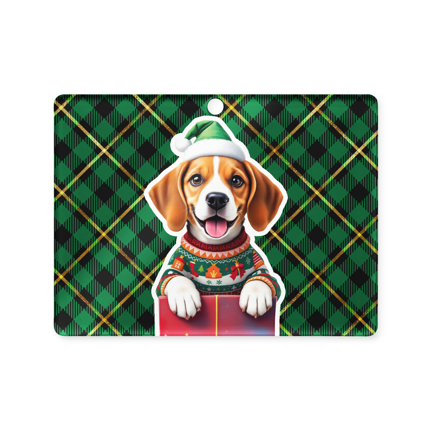 Beagle Puppy Wearing Ugly Christmas Sweater and Green Santa Hat Acrylic Ornament