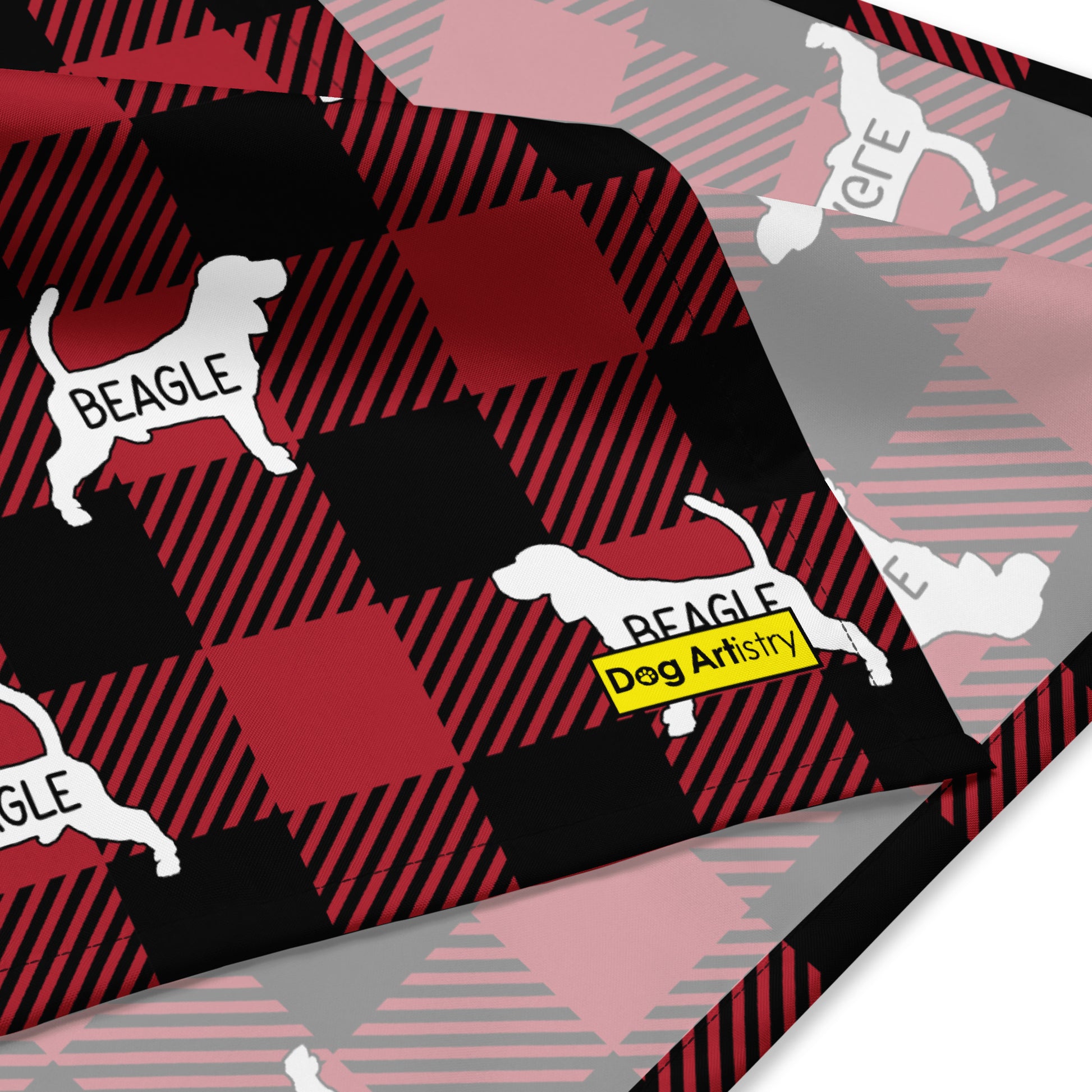 Beagle dark red plaid bandana by Dog Artistry. Close up.