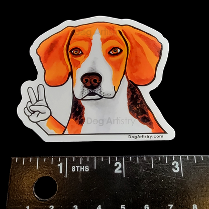 Dog Artistry Beagle Die-Cut Vinyl Sticker doing the Peace Sign.