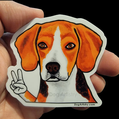 Dog Artistry Beagle Die-Cut Vinyl Sticker doing the Peace Sign.