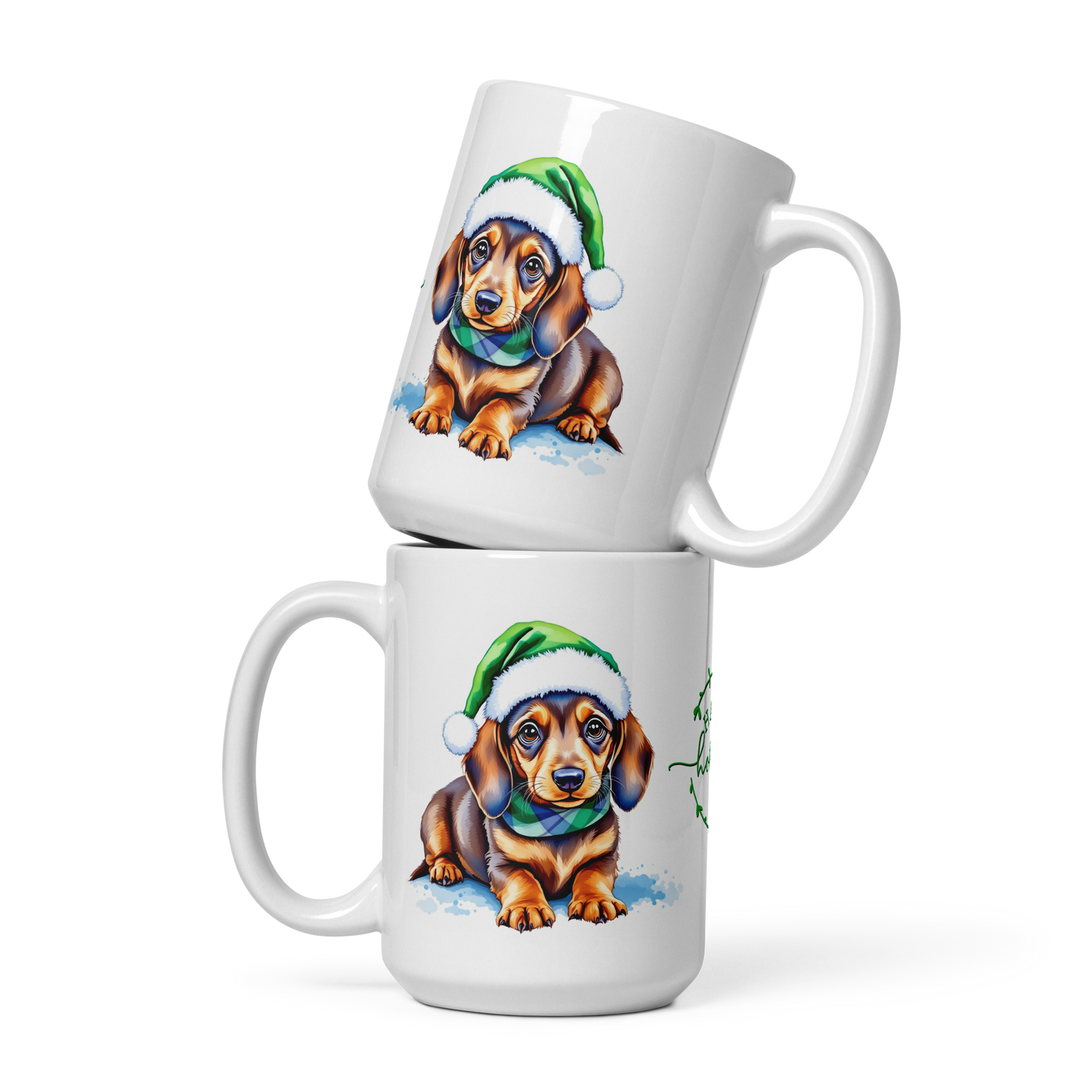 Beagle Puppy Wearing Green Santa Hat White Glossy Mug