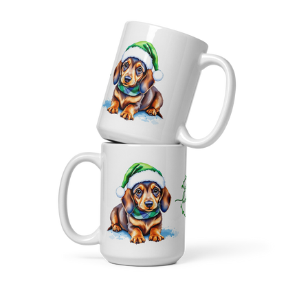 Beagle Puppy Wearing Green Santa Hat White Glossy Mug