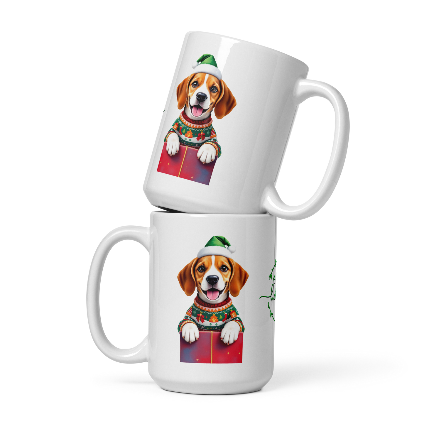 Beagle Puppy Wearing Ugly Christmas Sweater and Santa Hat White Glossy Mug