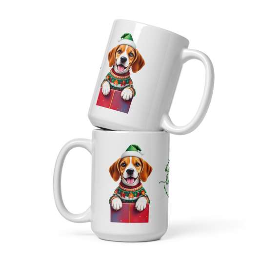 Beagle Puppy Wearing Ugly Christmas Sweater and Santa Hat White Glossy Mug