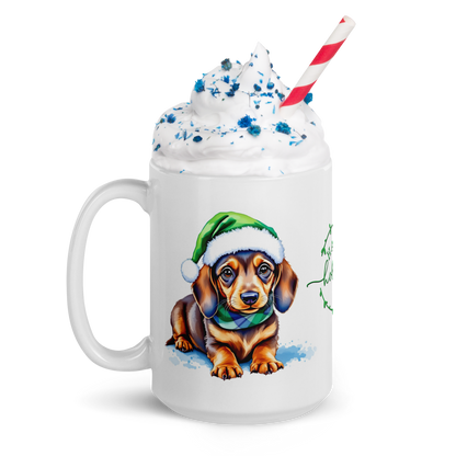 Beagle Puppy Wearing Green Santa Hat White Glossy Mug