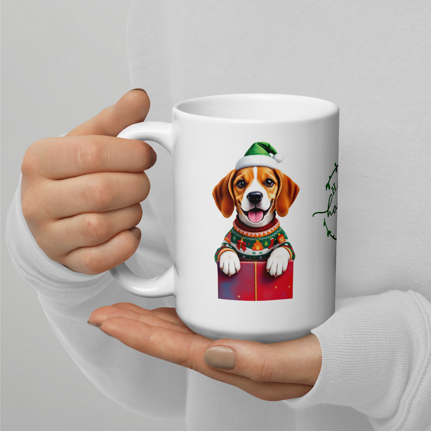 Beagle Puppy Wearing Ugly Christmas Sweater and Santa Hat White Glossy Mug