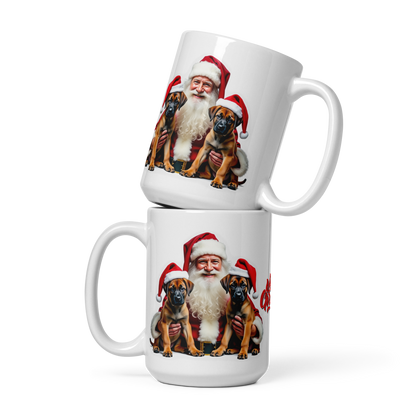 Belgian Malinois Puppies with Santa Claus Glossy White Mug