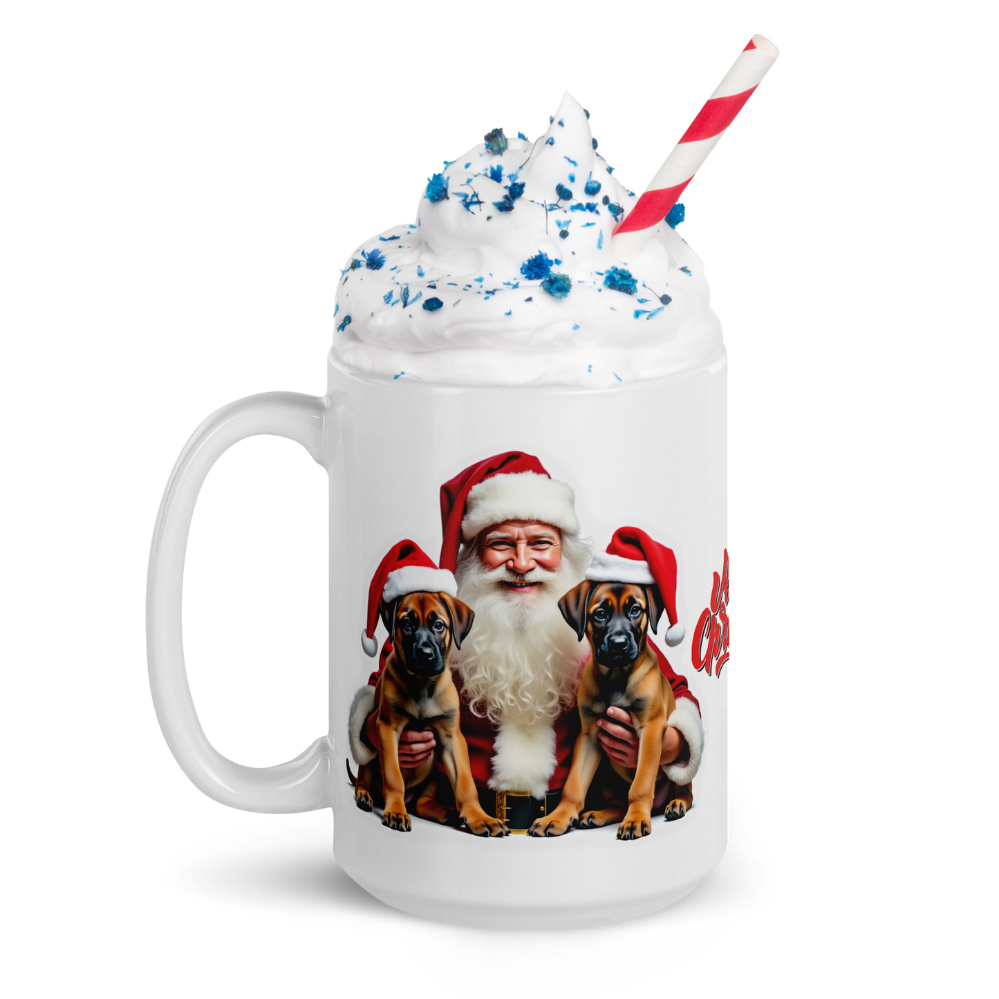 Belgian Malinois Puppies with Santa Claus Glossy White Mug